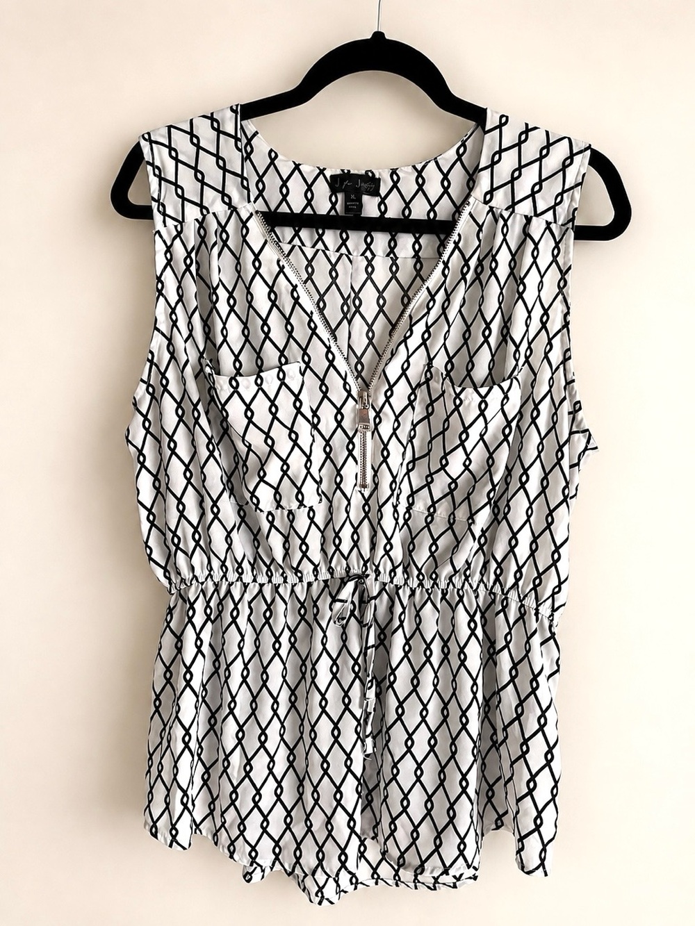 J for Justify Sleeveless Zip-Front White & Black Dressy Tank Top Blouse Sz XL